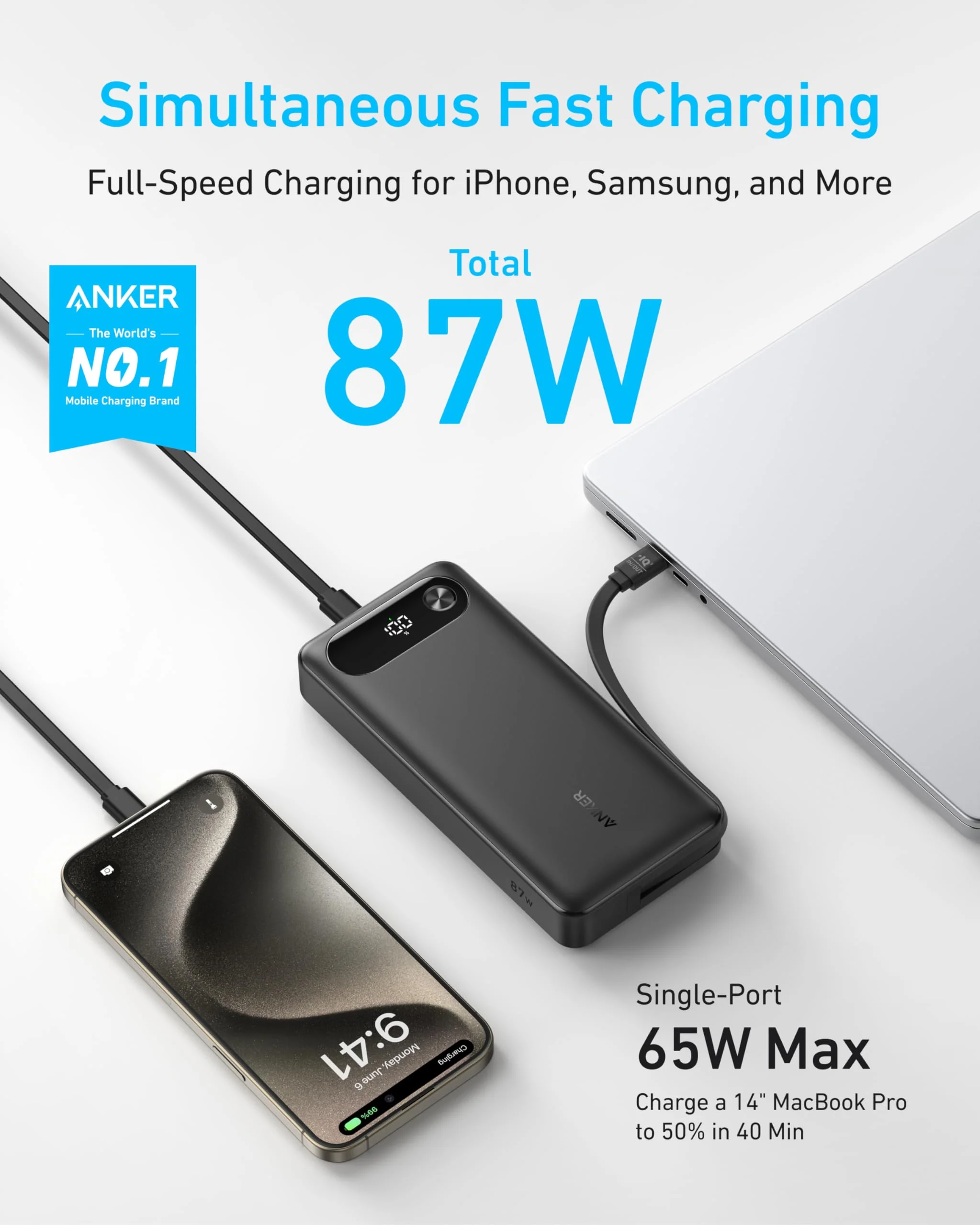 Anker Power Bank (20K, 87W, Built-In USB-C Cable) - Image 3